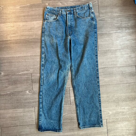 Y2K Carhartt Medium Wash Straight Leg Denim Jeans Leather Patch Size 32X32 - Picture 1 of 7